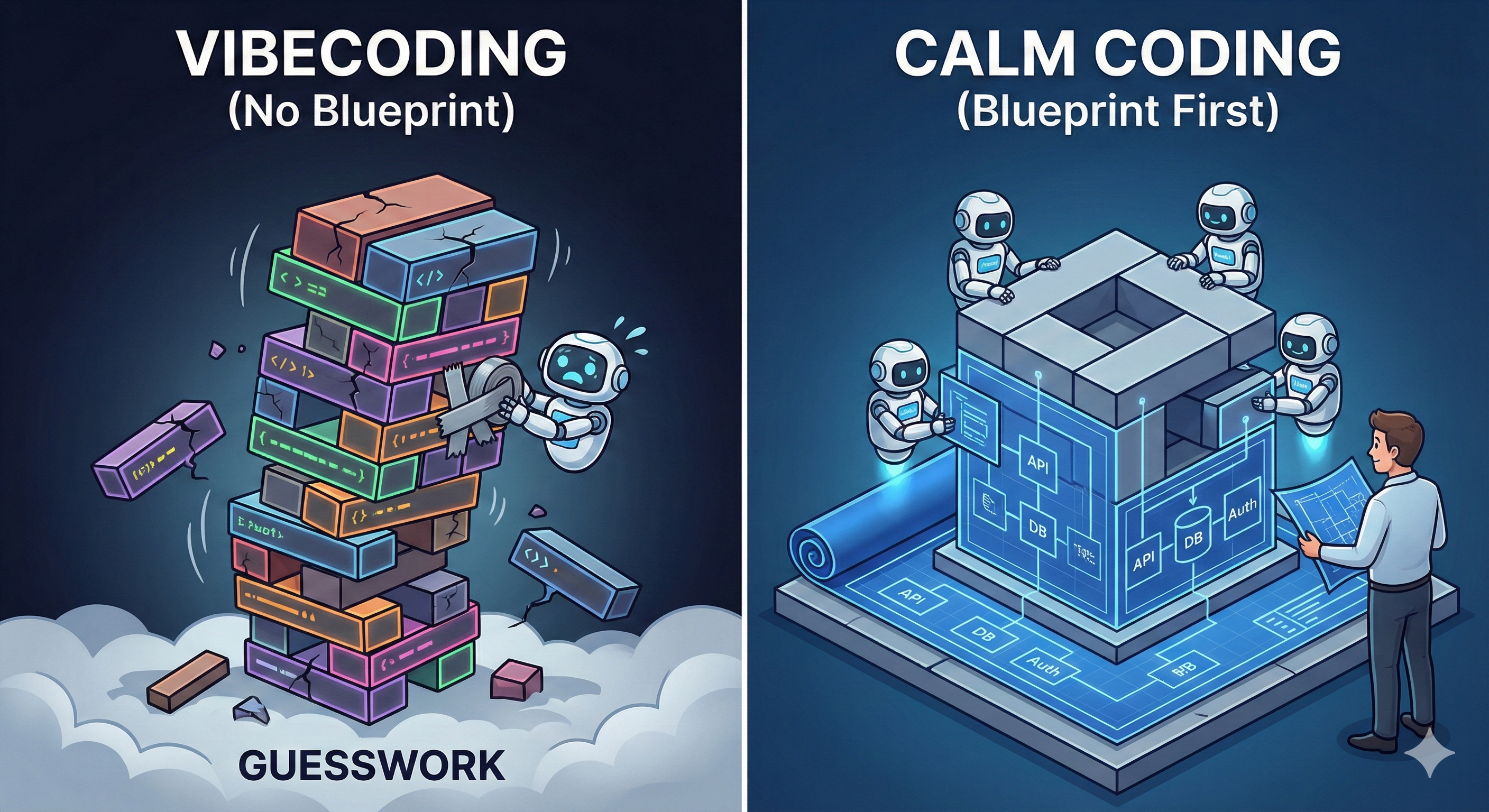 Blueprint Before Build: contrast between chaotic vibecoding and structured, blueprint-driven Calm Coding