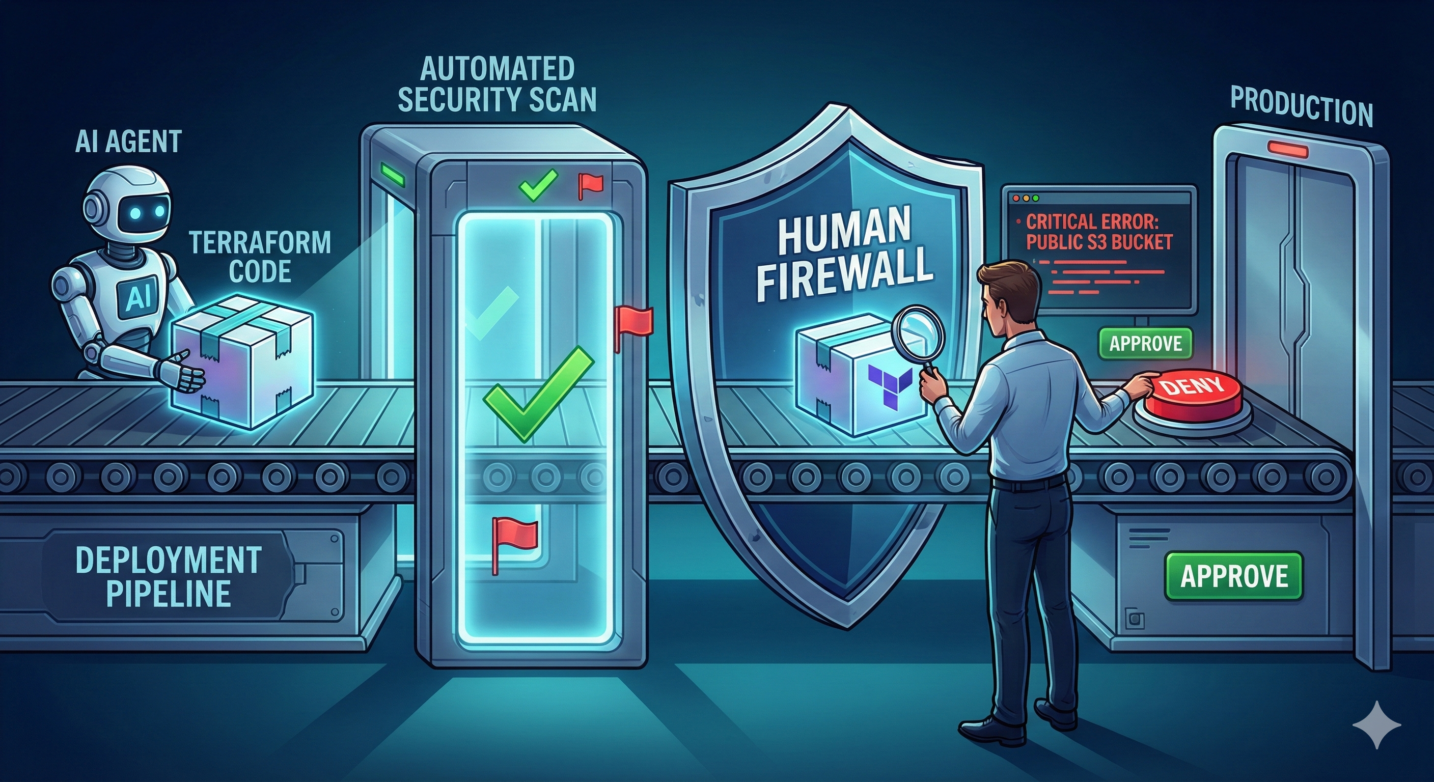 The Human Firewall: deployment pipeline with human review catching subtle errors automated scans might miss