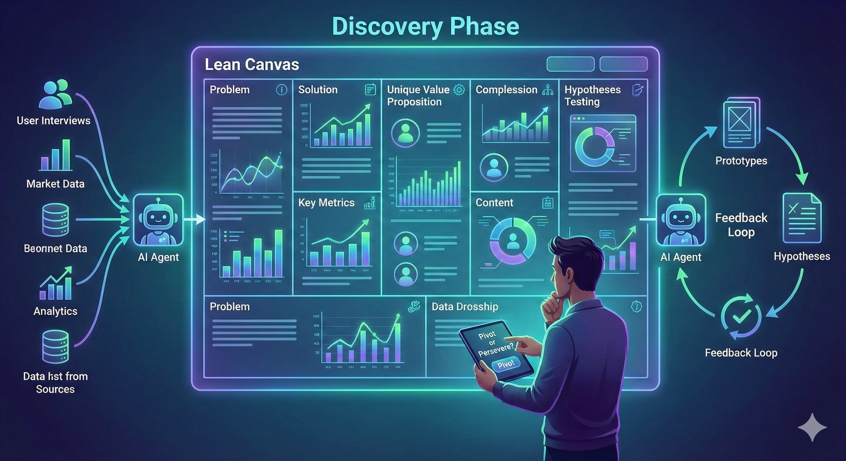 AI-Augmented Discovery: Lean Canvas populated and analyzed by AI agents, with a human making the final pivot or persevere decision