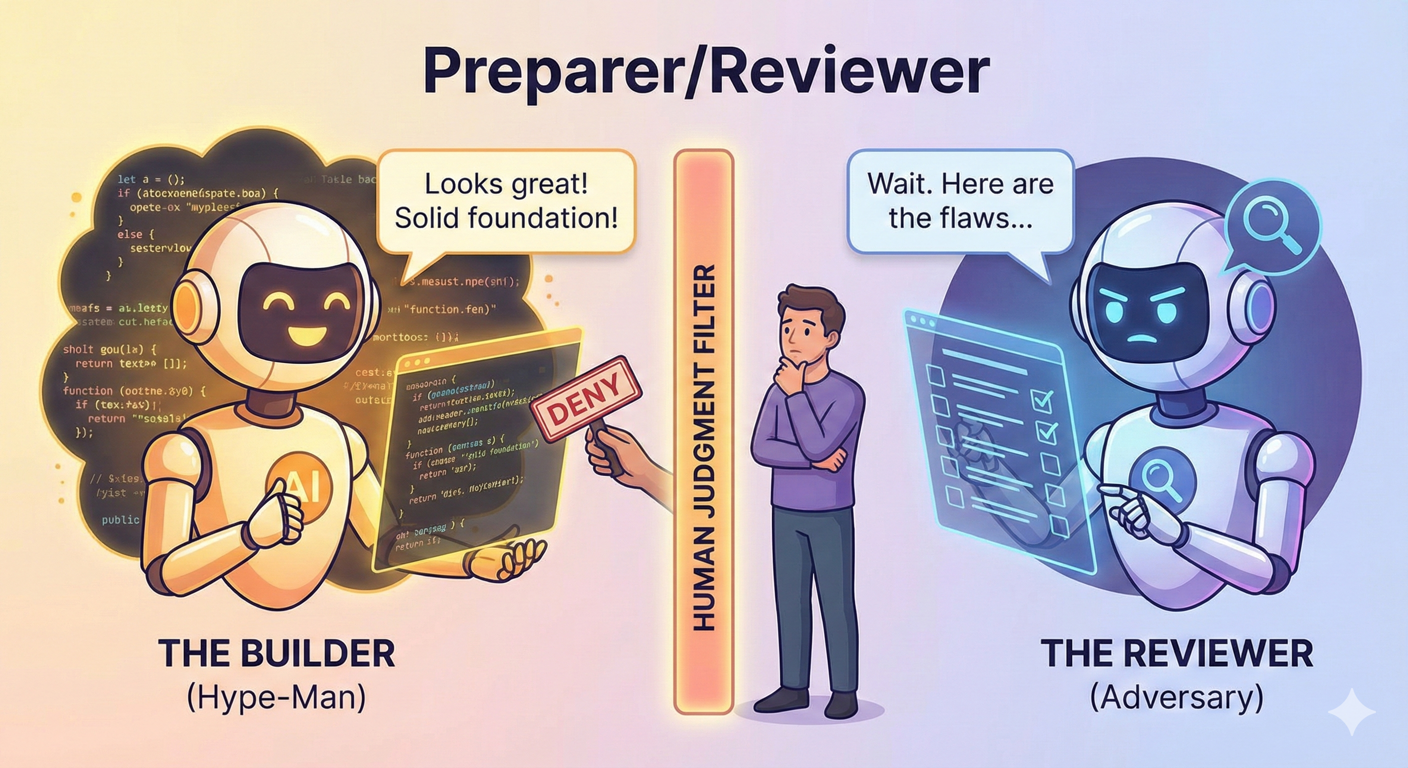 Preparer/Reviewer: distinction between a Hype-Man builder and a critical Adversary reviewer, with human judgment as the final filter