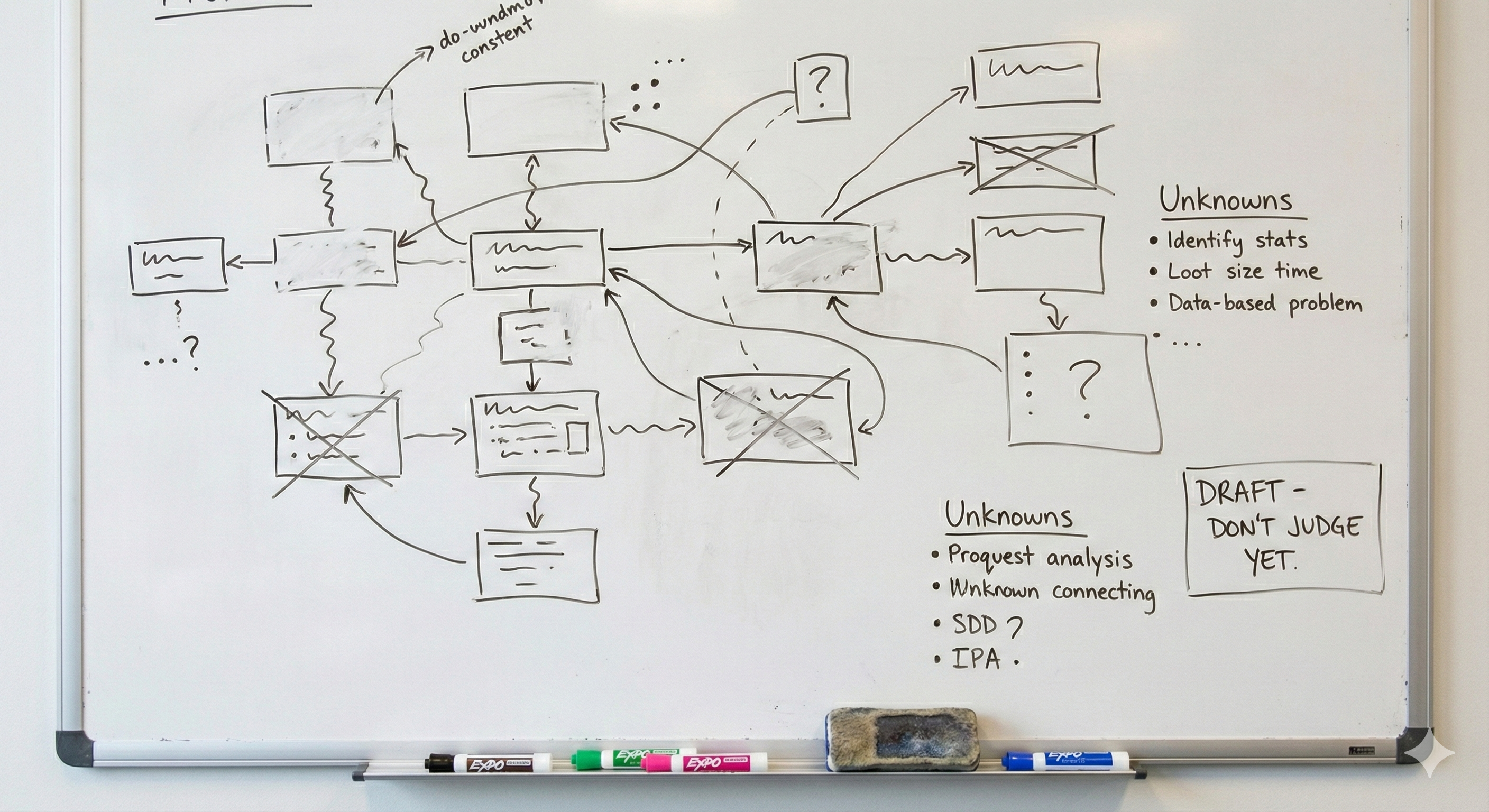 Messy whiteboard sketch showing work in progress - the ugly first draft