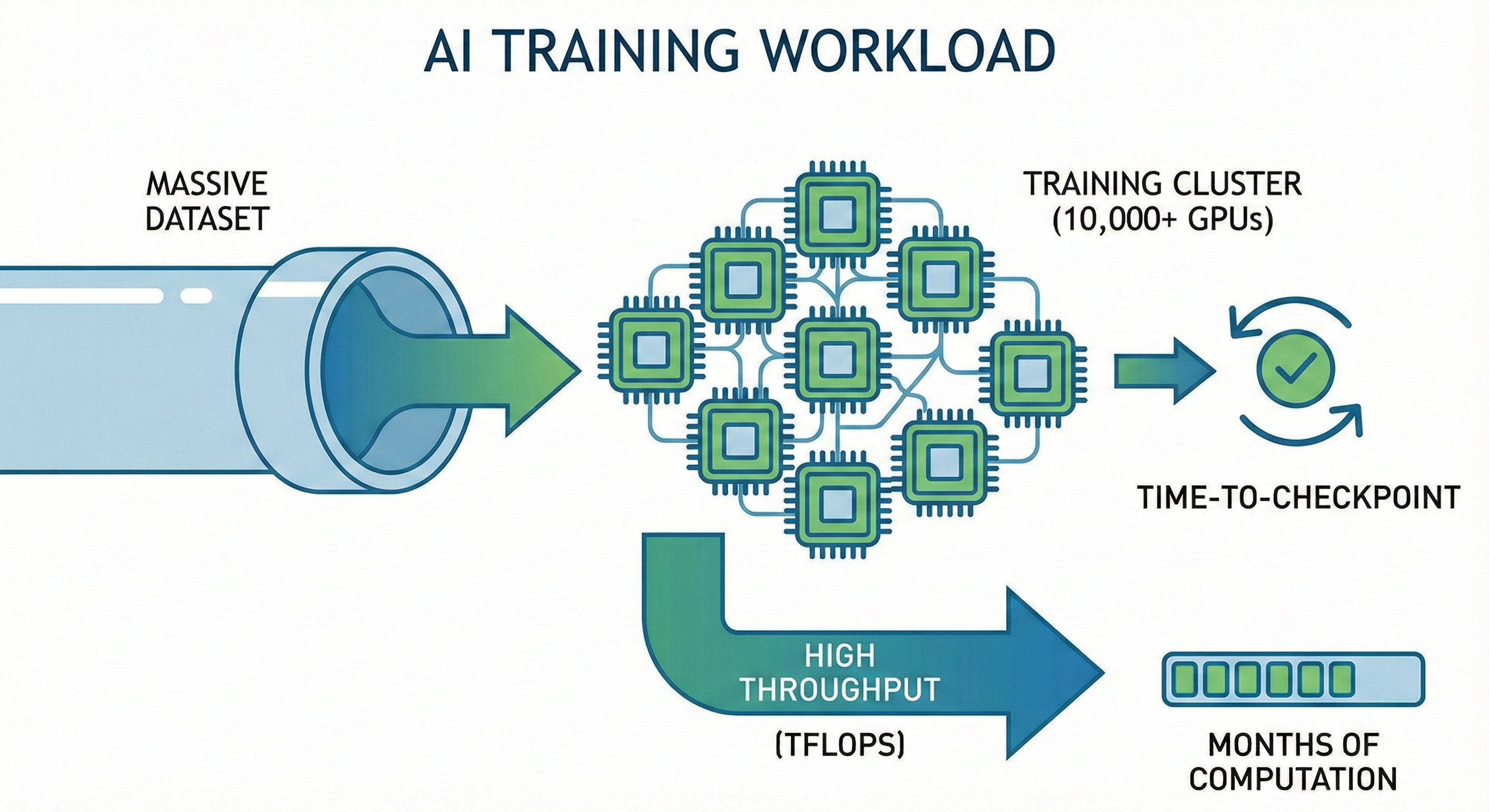 AI Training Workload: massive dataset, training cluster, time-to-checkpoint, and months of computation